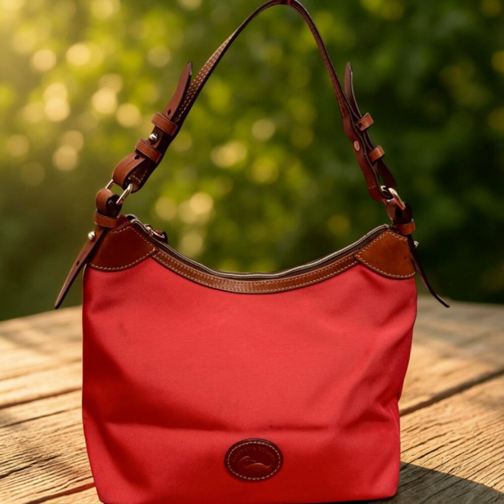 Red Dooney & Bourke ShoulderBag Boho Canvas Brown trim Leather 14"x8"x10" (43